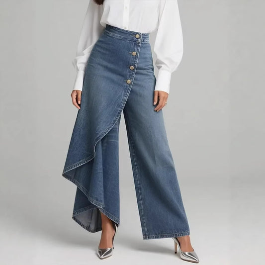 Women's high waist asymmetric ruffle hem wide leg denim jeans with button detail
