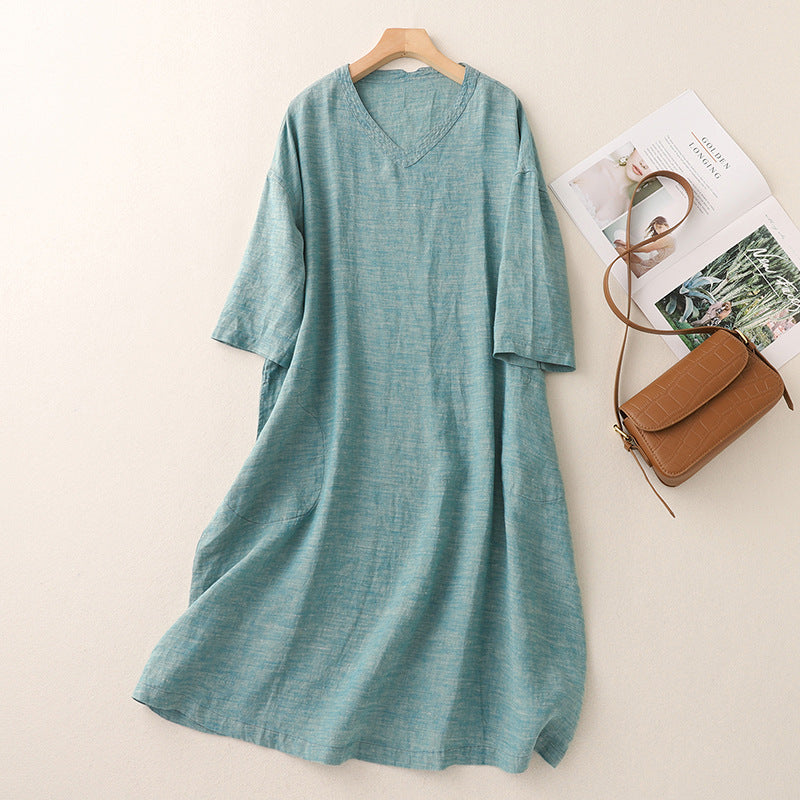 Women's light blue linen V-neck three quarter sleeve loose midi dress with side pockets