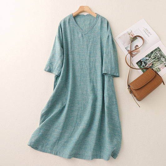 Women's light blue linen V-neck three quarter sleeve loose midi dress with side pockets