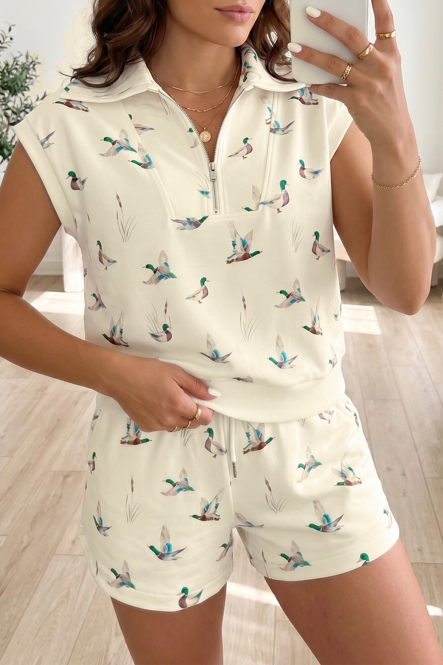 Women's beige mallard duck print sleeveless zip polo top and matching drawstring shorts set