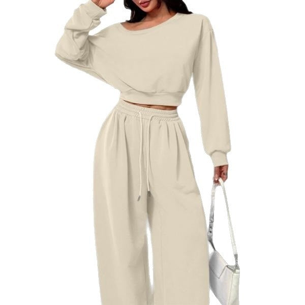 Women's apricot off-shoulder crop sweatshirt and matching wide leg pants casual 2-piece lounge set