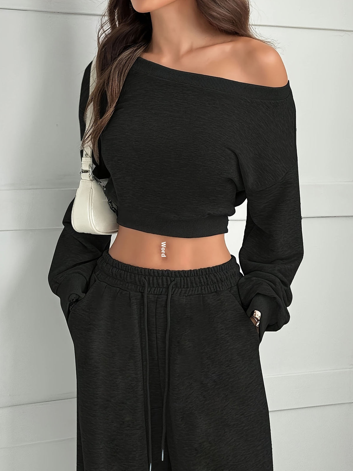 Women's black off-shoulder crop sweatshirt and matching wide leg pants casual 2-piece lounge set