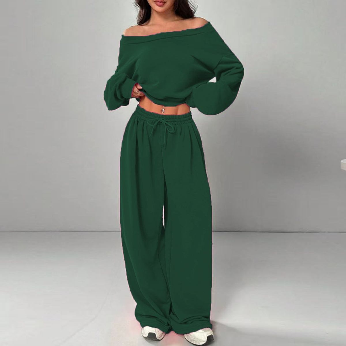 Women's dark green off-shoulder crop sweatshirt and matching wide leg pants casual 2-piece lounge set