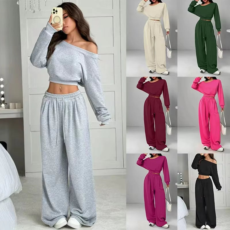 Women's gray off-shoulder crop sweatshirt and matching wide leg pants casual 2-piece lounge set