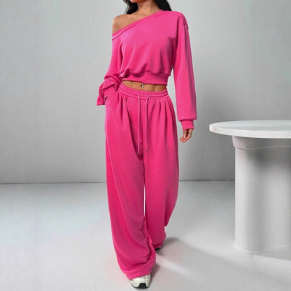 Women's rose red off-shoulder crop sweatshirt and matching wide leg pants casual 2-piece lounge set