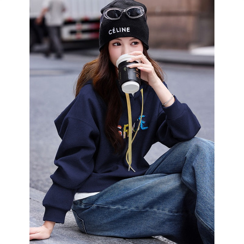 Women's navy blue oversized colorful letter embroidery drawstring hoodie casual loose pullover sweatshirt