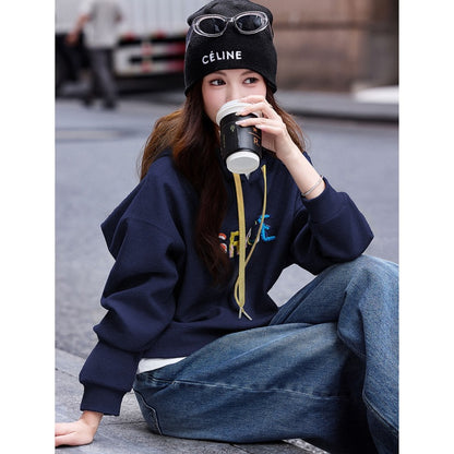 Women's navy blue oversized colorful letter embroidery drawstring hoodie casual loose pullover sweatshirt