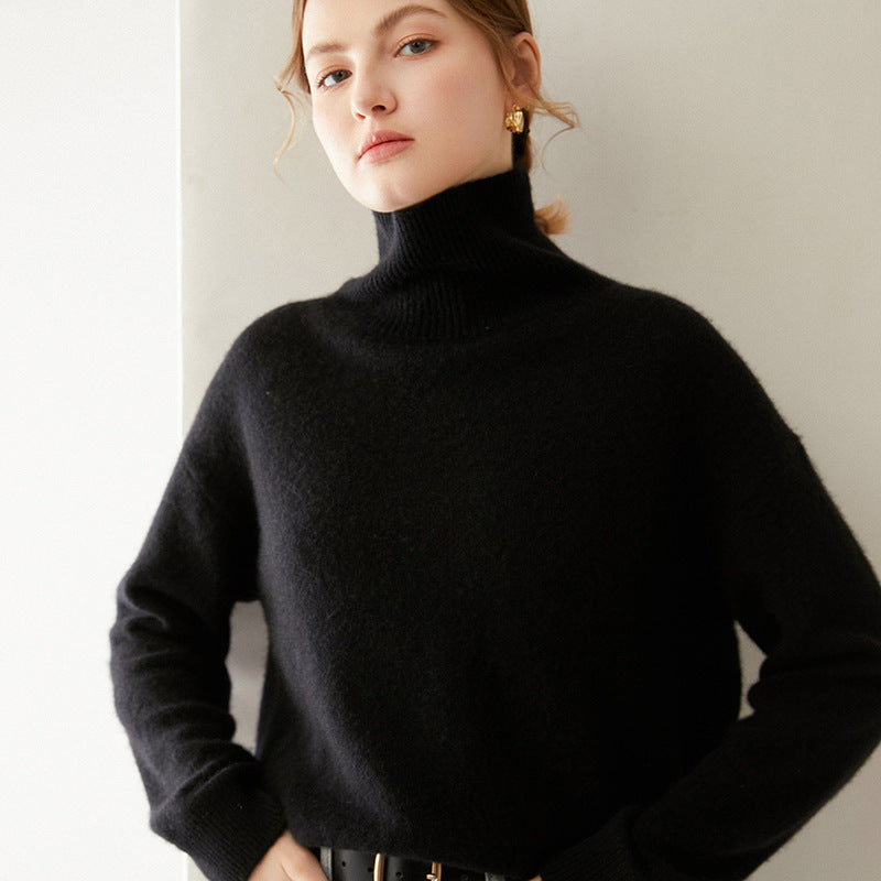 Women's black oversized turtleneck thick loose knit pullover sweater