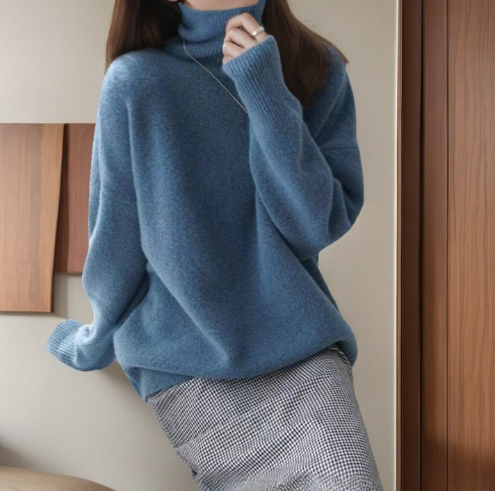 Women's blue oversized turtleneck thick loose knit pullover sweater