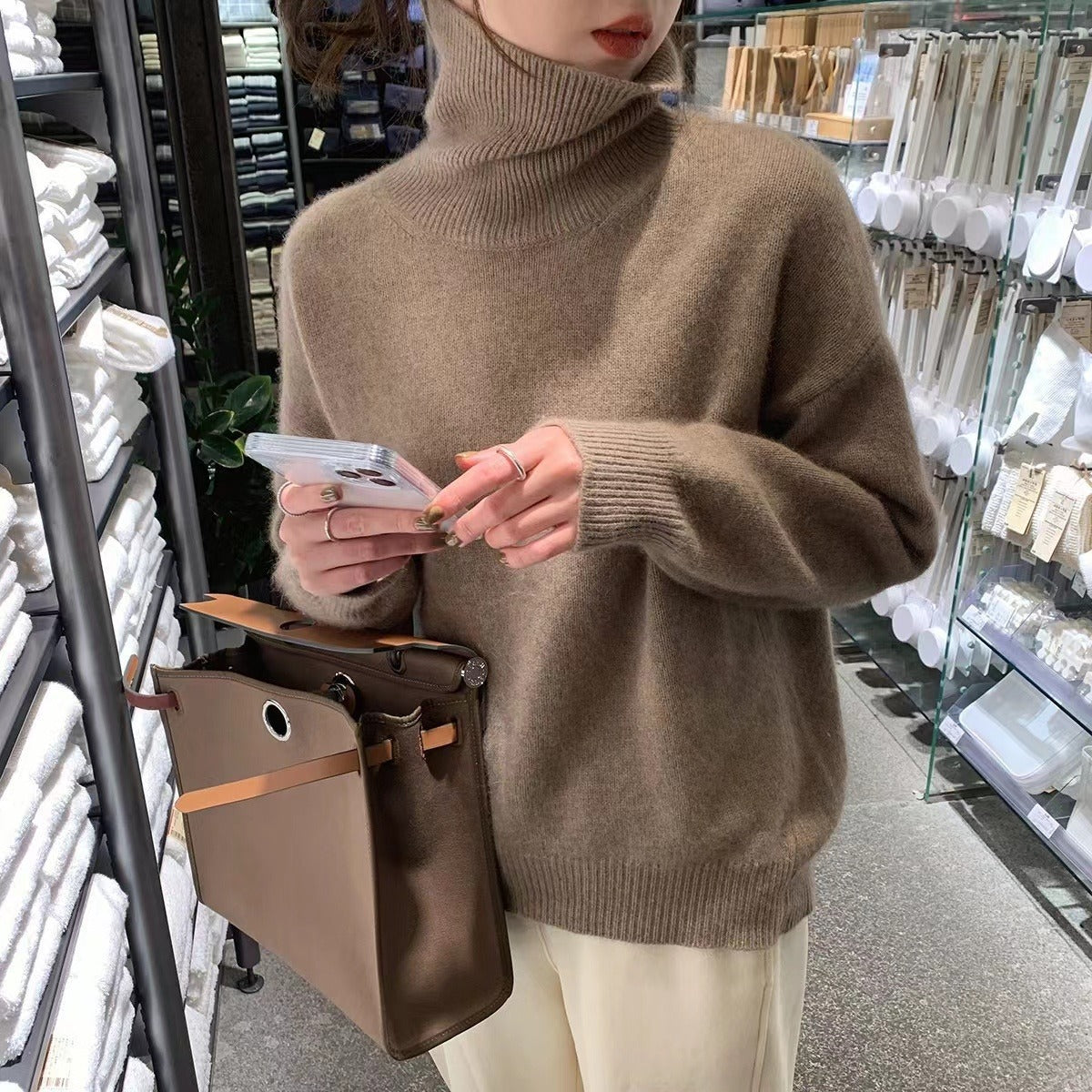 Women's brown oversized turtleneck thick loose knit pullover sweater