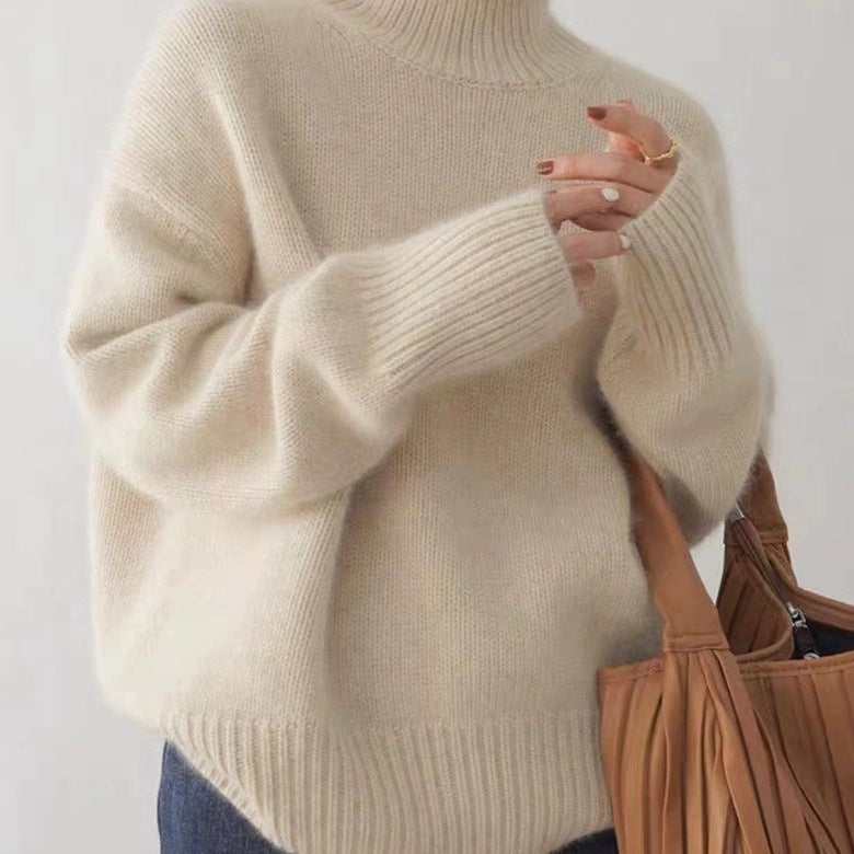 Women's camel oversized turtleneck thick loose knit pullover sweater