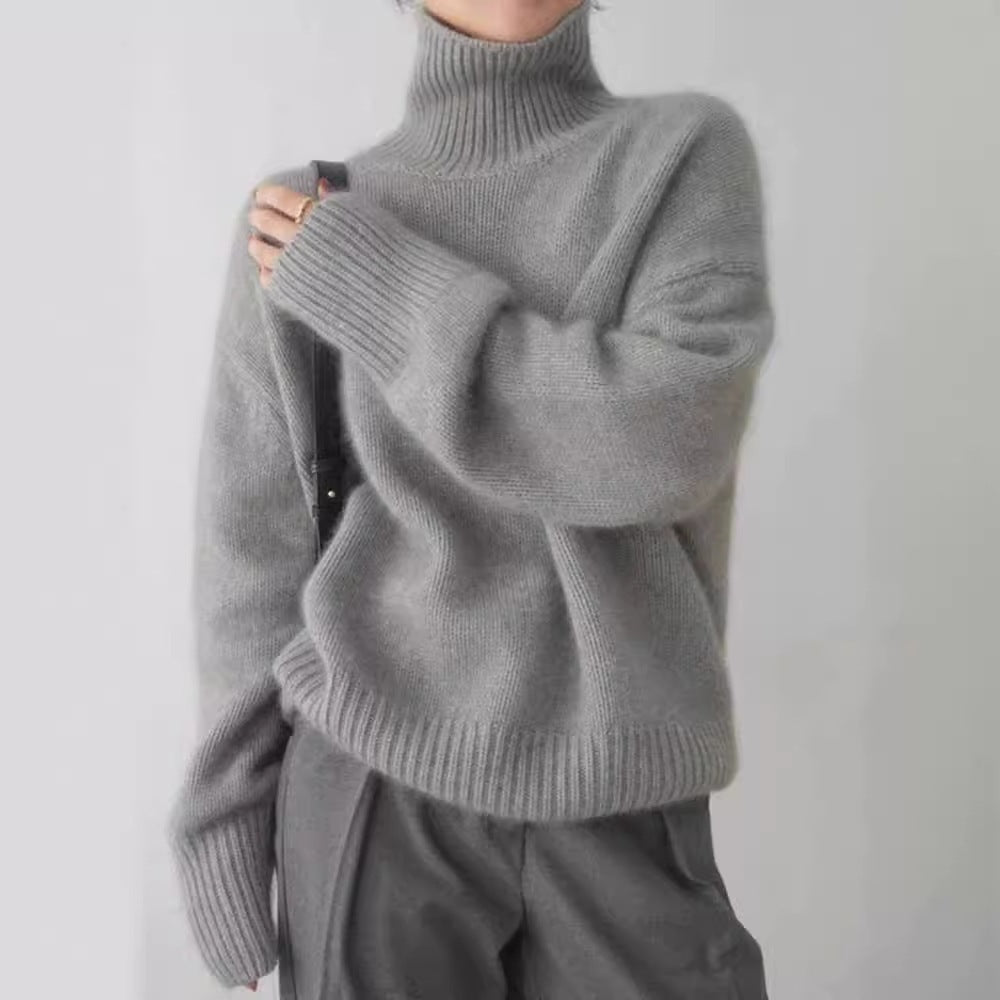 Women's gray oversized turtleneck thick loose knit pullover sweater