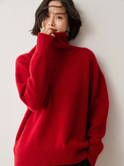 Women's red oversized turtleneck thick loose knit pullover sweater