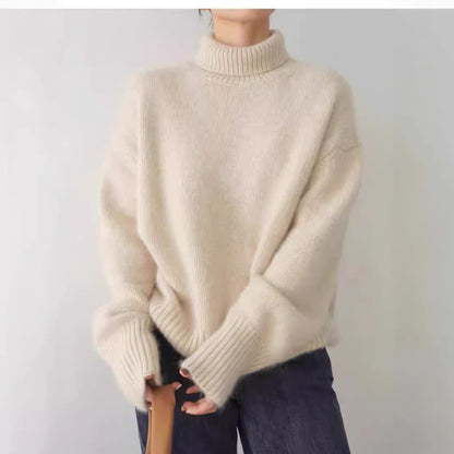 Women's white oversized turtleneck thick loose knit pullover sweater