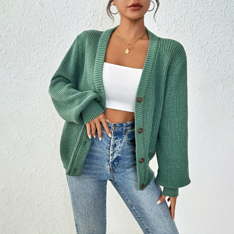 Women's light green oversized V-neck button front ribbed knit cardigan sweater jacket