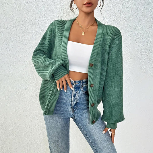 Women's light green oversized V-neck button front ribbed knit cardigan sweater jacket