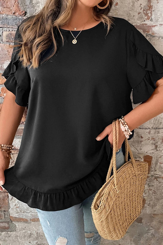 Women's plus size black ruffle trim petal sleeve casual loose fit top front view