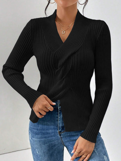 Women's black ribbed knit twist front slim fit long sleeve pullover sweater