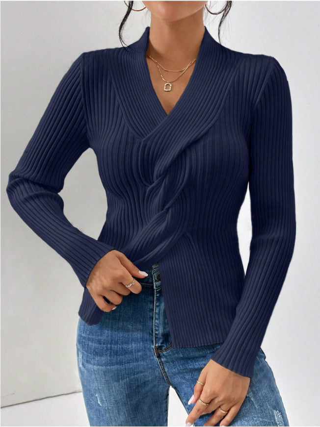Women's dark blue ribbed knit twist front slim fit long sleeve pullover sweater