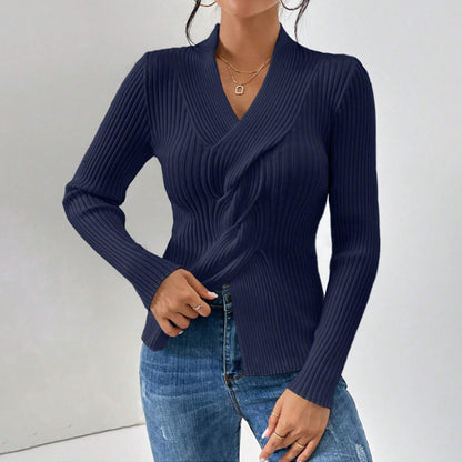 Women's dark blue ribbed knit twist front slim fit long sleeve pullover sweater
