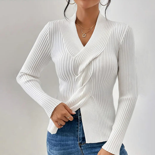 Women's white ribbed knit twist front slim fit long sleeve pullover sweater