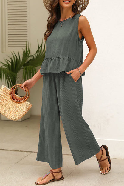 Women's duffel green ribbed ruffle hem sleeveless tank top and matching wide leg pants summer co-ord set