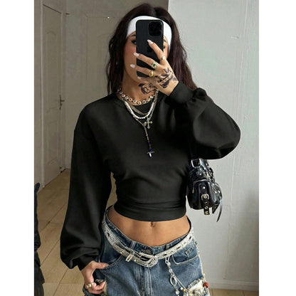 Women's black slim fit crop round neck long sleeve casual sweatshirt