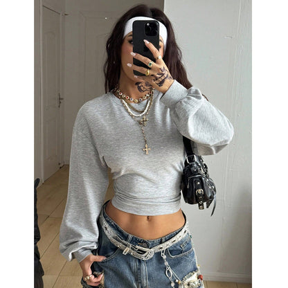 Women's light gray slim fit crop round neck long sleeve casual sweatshirt