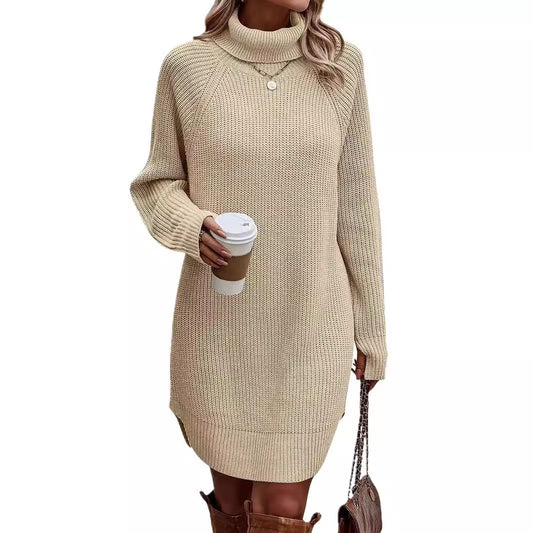 Women's apricot oversized turtleneck chunky knit sweater mini dress