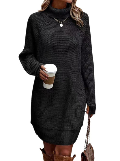 Women's black oversized turtleneck chunky knit sweater mini dress