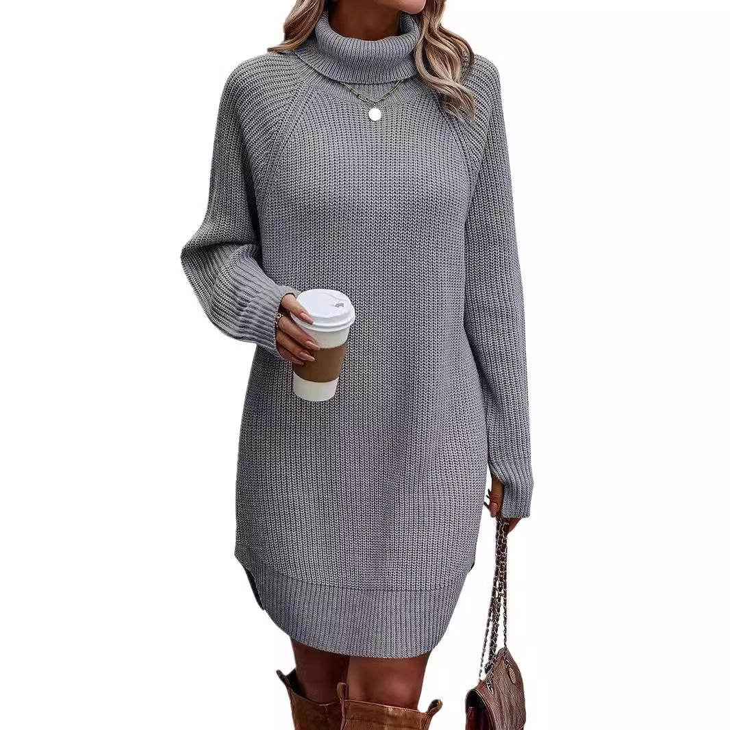 Women's gray oversized turtleneck chunky knit sweater mini dress