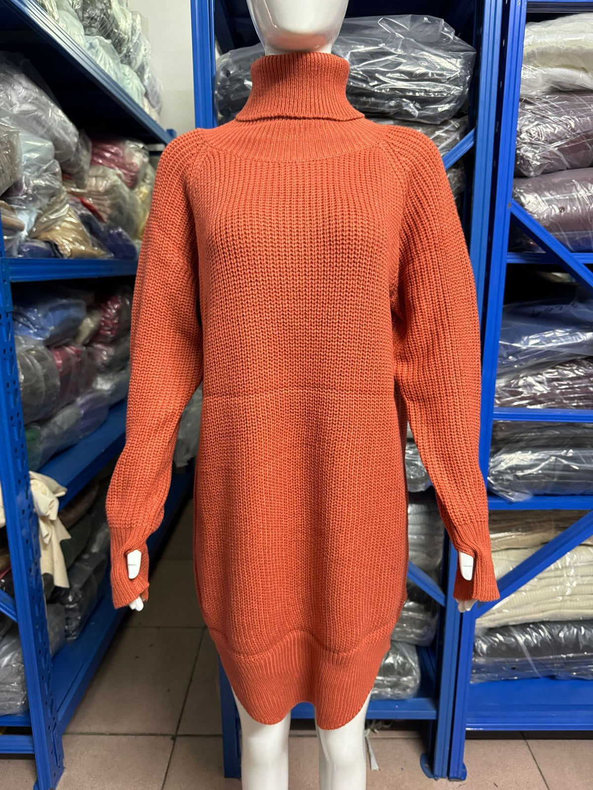Women's orange red oversized turtleneck chunky knit sweater mini dress