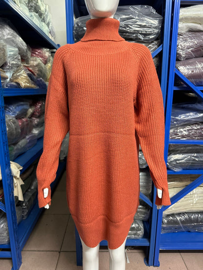 Women's orange red oversized turtleneck chunky knit sweater mini dress