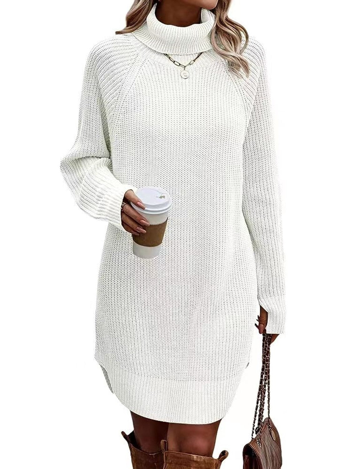 Women's white oversized turtleneck chunky knit sweater mini dress