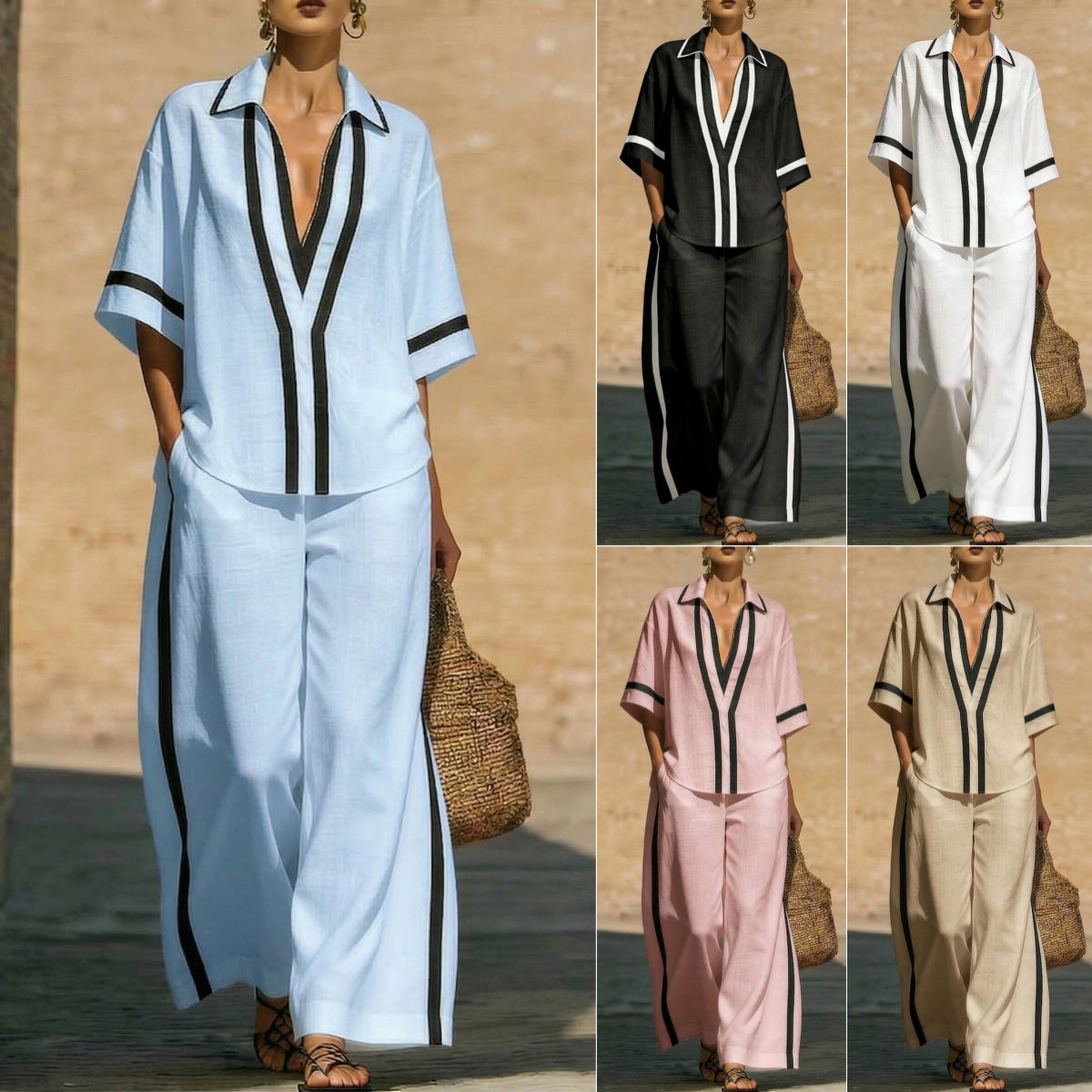 Woman wearing loose two piece summer set wide leg pants outfit