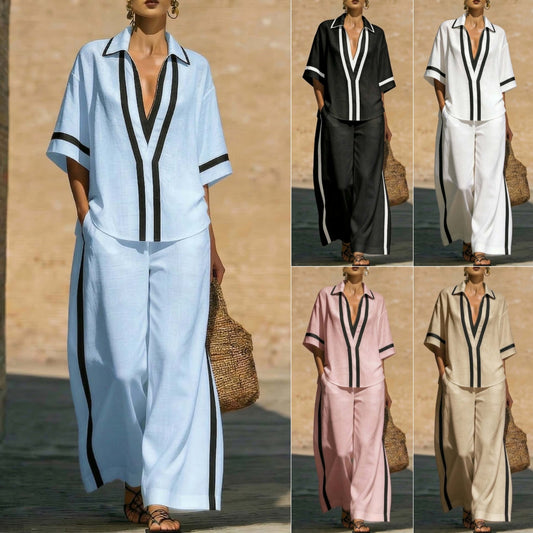Woman wearing loose two piece summer set wide leg pants outfit
