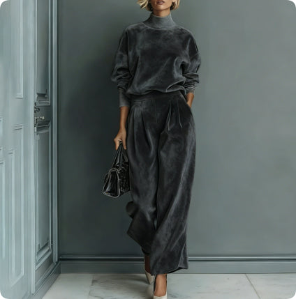 Women's black velvet high neck sweatshirt and wide leg pants elegant casual tracksuit set