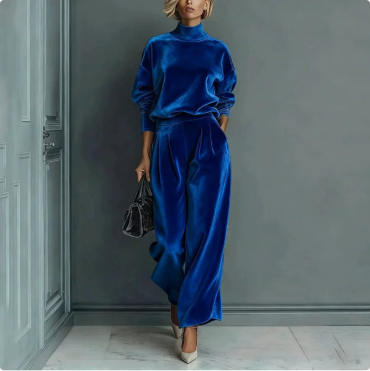 Women's blue velvet high neck sweatshirt and wide leg pants elegant casual tracksuit set