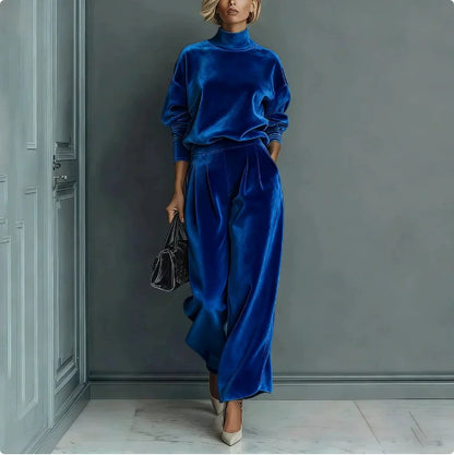 Women's blue velvet high neck sweatshirt and wide leg pants elegant casual tracksuit set