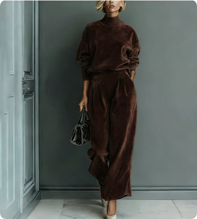 Women's coffee brown velvet high neck sweatshirt and wide leg pants elegant casual tracksuit set