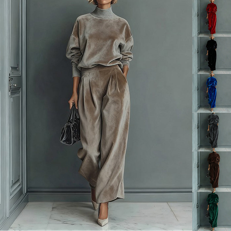Women's dark gray velvet high neck sweatshirt and wide leg pants elegant casual tracksuit set