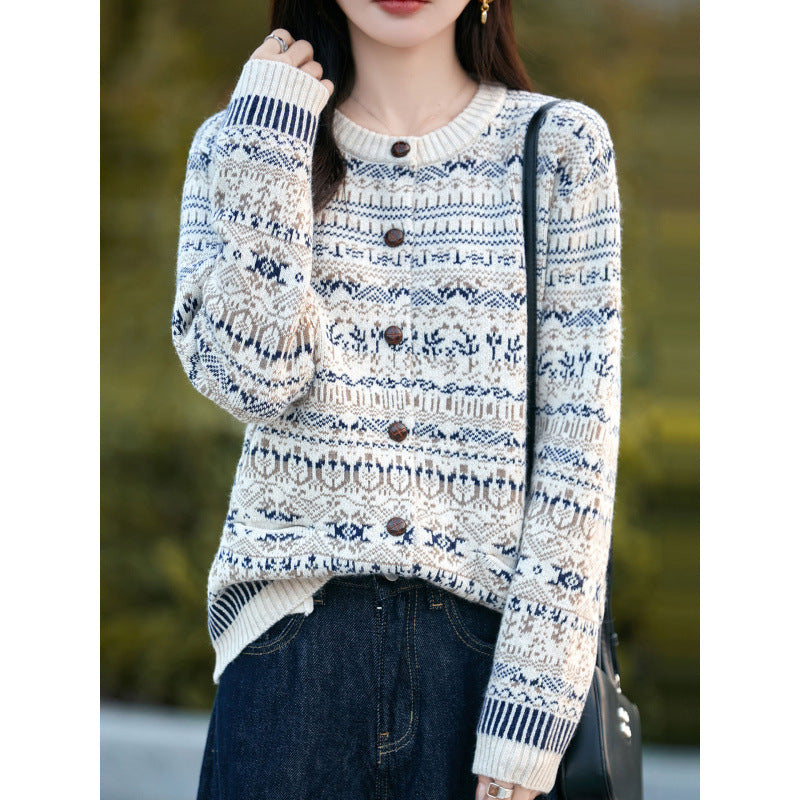 Women's beige vintage floral jacquard knit single breasted wooden button cardigan sweater coat