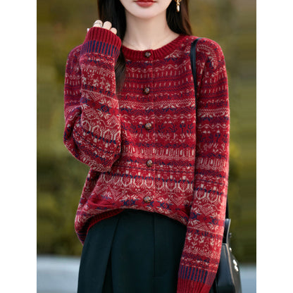 Women's burgundy vintage floral jacquard knit single breasted wooden button cardigan sweater coat