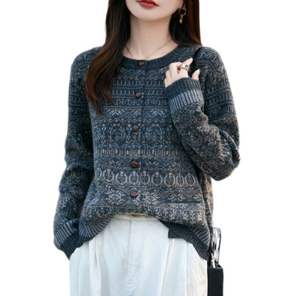 Women's dark gray vintage floral jacquard knit single breasted wooden button cardigan sweater coat
