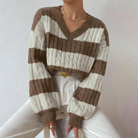 Women's khaki striped color block cable knit oversized V-neck pullover sweater