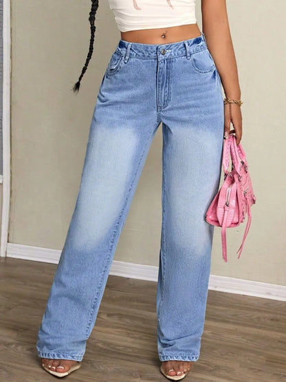 Women's light blue washed high waist wide leg straight denim jeans
